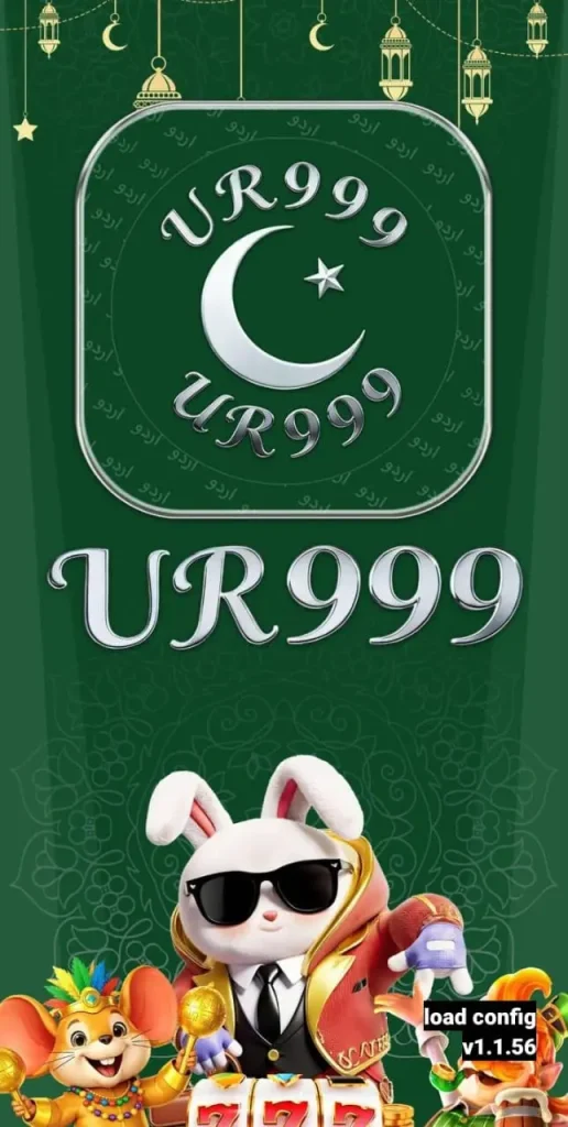 A modern gaming banner featuring the UR999 Game logo in bright neon style, with glowing coins, spin wheel, jackpot icons,